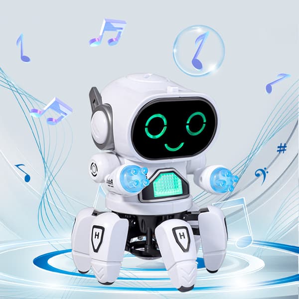 Musikk og dansende hexapod-robot, LED-øyne, med diskolys og dansemusikk, universalhjul, interaktiv og lærerik, egnet for gutter og