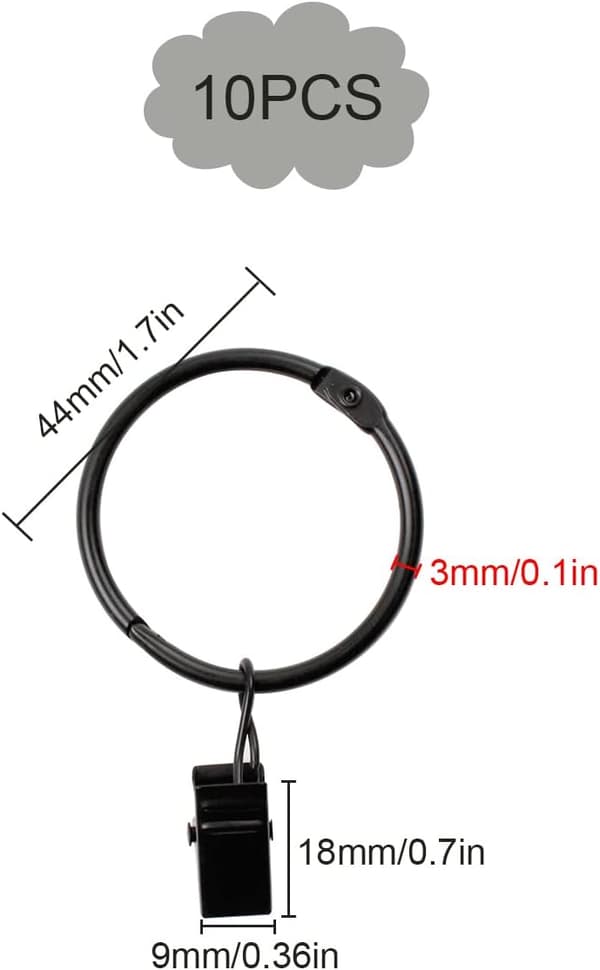 10 svarta gardinringar ytterdiameter 44mm gardinklämmor elektropläterade