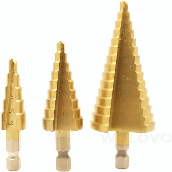 3 st Höghastighetsstål Hex Skaft Stegborr (4-12mm, 4-20mm och 4-32mm) Diameter, Titambelagd Konborr med Självcentrerande Dorn