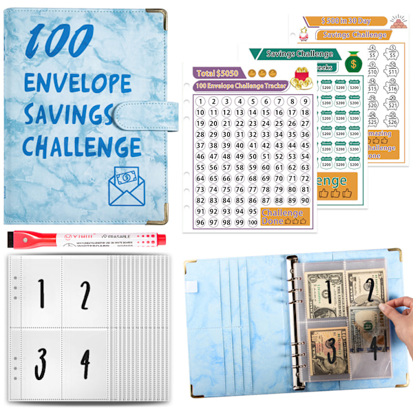 100 Kuvert Pengar Sparutmaning Flipchart med 100 Tydliga Kontantkuvert A5 Pengar Sparutmaning Flipchart Blue