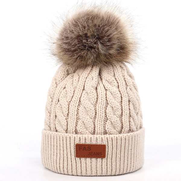 Barnmössa med Foder och Pom Pom för Barn - Slouchy Kabelstickad Mössa Skalle Mössa Baby Skidmössa för Flickor Pojkar CLT01 Khaki
