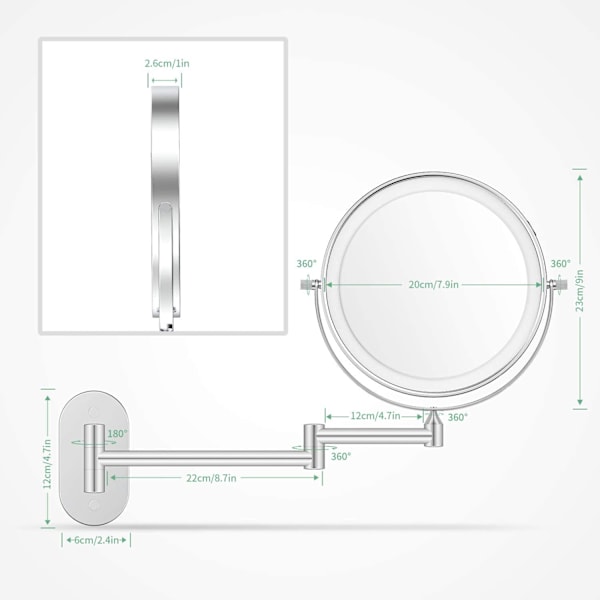 Väggmonterad smink spegel 20,3 cm med 3 färglägen,