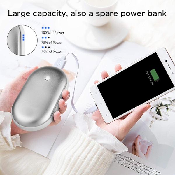Uppladdningsbar Handvärmare, 5200mA Återanvändbar Elektrisk USB Handvärmare/Powerbank, för Raynauds, Utomhus, Vinter - Silver Silver