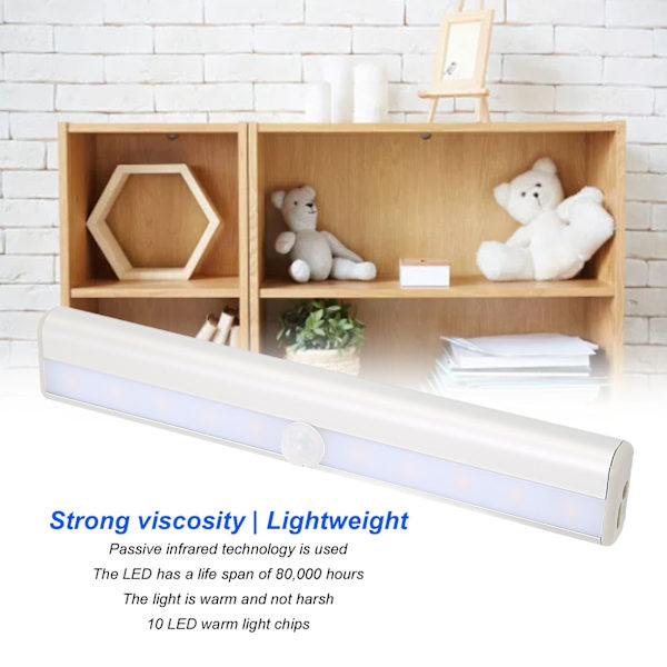 Trådlös LED-lampa med PIR-rörelsesensor, batteridriven uppladdningsbar varmvit belysning för skåp trappor bokhylla - Aluminiumlegering och ABS