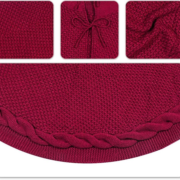 Stickad julgransmatta, julgransmatta, flätad kabelstickad tjock rustik julgransmatta (Burgundy) 92cm