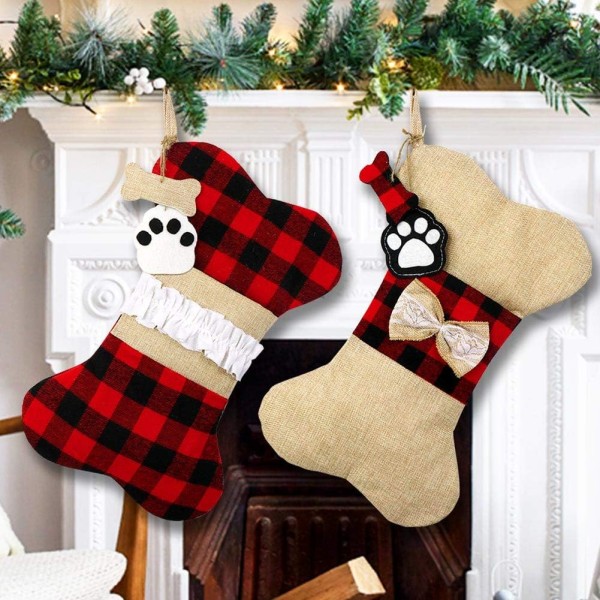 2pcs Pet Dog Christmas Stockings, Burlap Plaid Large Bone Shape