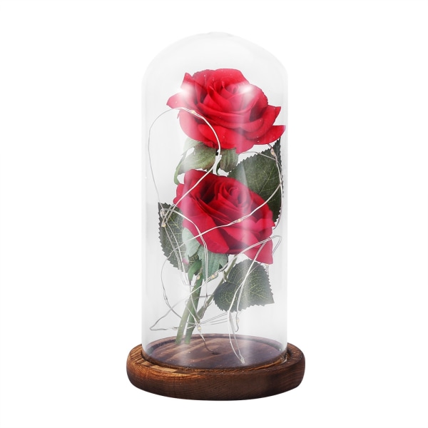 Bevarad rosblomma LED-lampa med glaskåpa och träbas