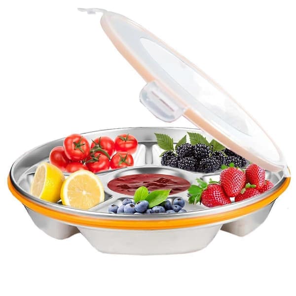 Delt serveringsfat med lokk - Gjenbrukbart grønnsaksfat med lokk og dippfat 6 rom 10 tommer 60 oz