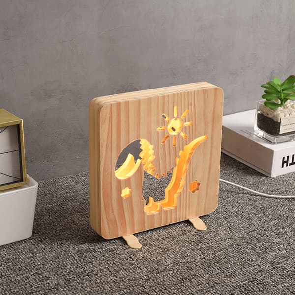3D Dinosaur Pote Skåret Tre USB Nattelys
