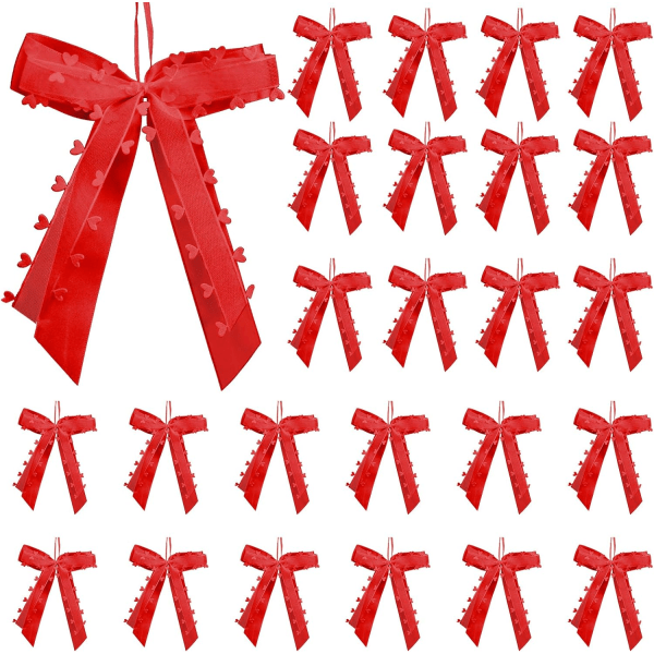 25 Pcs Noeud Ruban Rouge, Noeud de Ruban Ornement avec Cœur