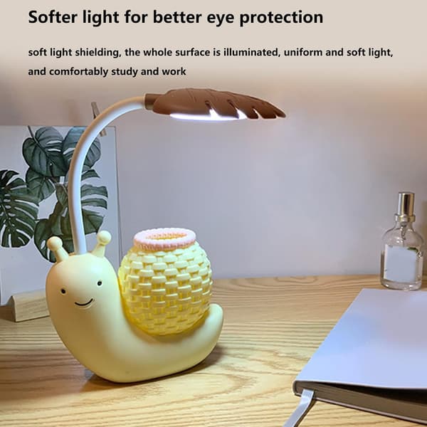 LED-bordlampe med pennholder, tegneseriefigur, snegl, multifunksjonell