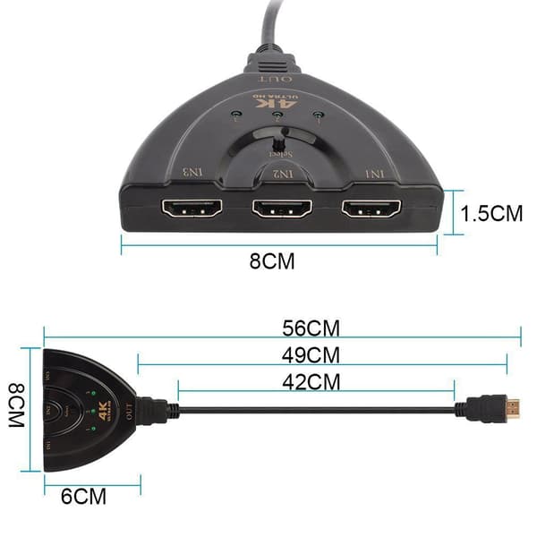 HDMI Switch, 3 Port 4K HDMI Switch 3x1 Switch Splitter med Pigtail Kabel Understøtter Full HD 4K 1080P
