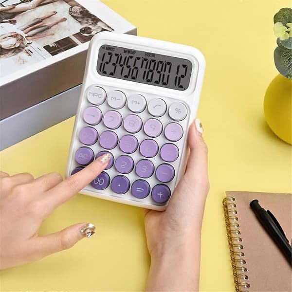 Desktop mekanisk lommeregner, søde store knapper lommeregnere med 12-cifret stort LCD-display, skrivebordstilbehør, lilla