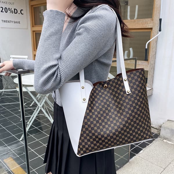 Fashion Tote Damväskor Damernas Shoppingväskor Trendiga Hundratals Mammaväskor (Vit med kaffe)