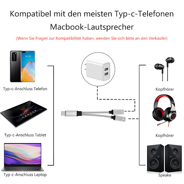 USB C adapter hodetelefoner og lading, USB C splitter 2 USB C, 2 i 1