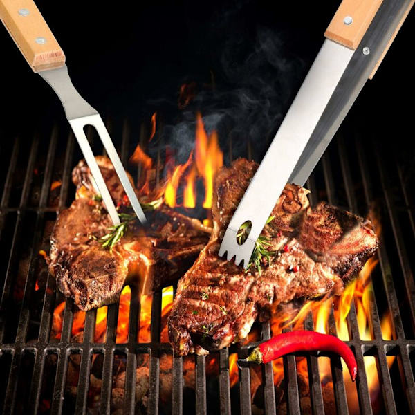 4 stk BBQ-verktøy, Premium rustfritt stål BBQ-tilbehør med tre