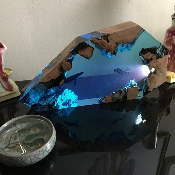 Epoxy Resin Træ Lys Lampe Stor Dykker og Pukkelhval Led