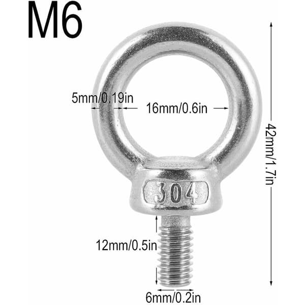 6 stk. M6 12mm Løfteøje Bolte, 304 Rustfrit Stål Øje Bolte, R