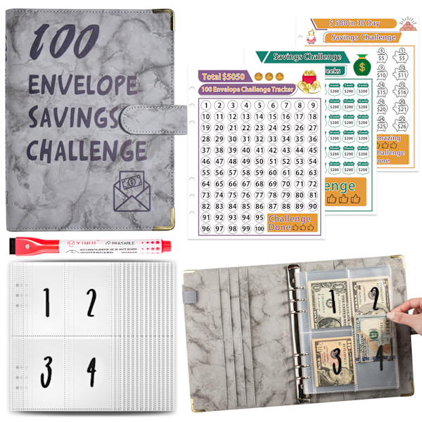 100 Kuvert Pengar Sparutmaning Flipchart med 100 Tydliga Kontantkuvert A5 Pengar Sparutmaning Flipchart Grey