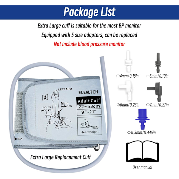 Extra stor manschett kompatibel med Omron 9\201d-21\201d tum (22-53 cm) XL blodtrycksmanschett för vuxna ARM BP ersättningsmanschett för stor ARM,