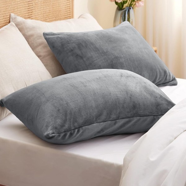 Flanell Örngott Standard Set om 2, Supermjukt Fleece Örngott med Dragkedja för Sovrum, Soffa, Bäddsoffa, Lyxigt Mysigt Luddigt Light grey