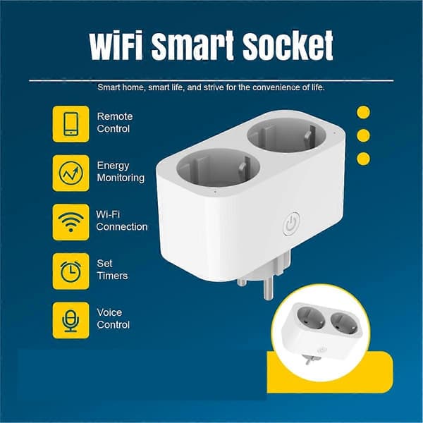 TUYA Smart Wifi Dobbel Plugg 16A 2-i-1 Stikkontakt Bryter Smart Hjem Tidsstyring APP Stemmestyring Fungerer CLY809M EU Plugg