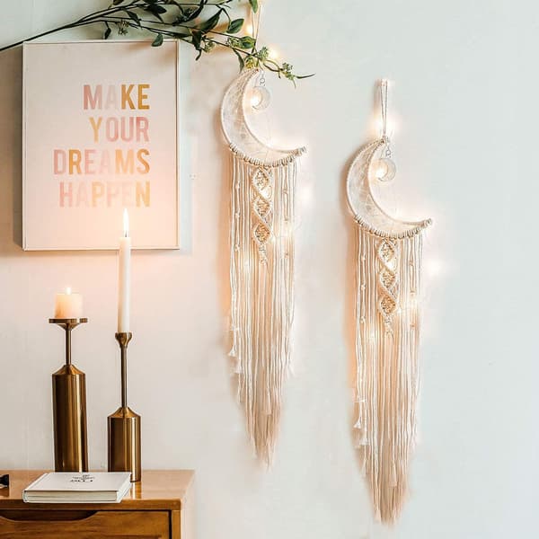 Boheemi makramee seinävaate LED-valolla, puuvillaneulottu unisieppari