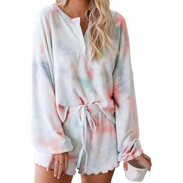 Dam Tie Dye Tryckt Volang Kort Lounge Set Långärmad Topp och Shorts 2-Delat Pyjamasset Sovkläder Orange S