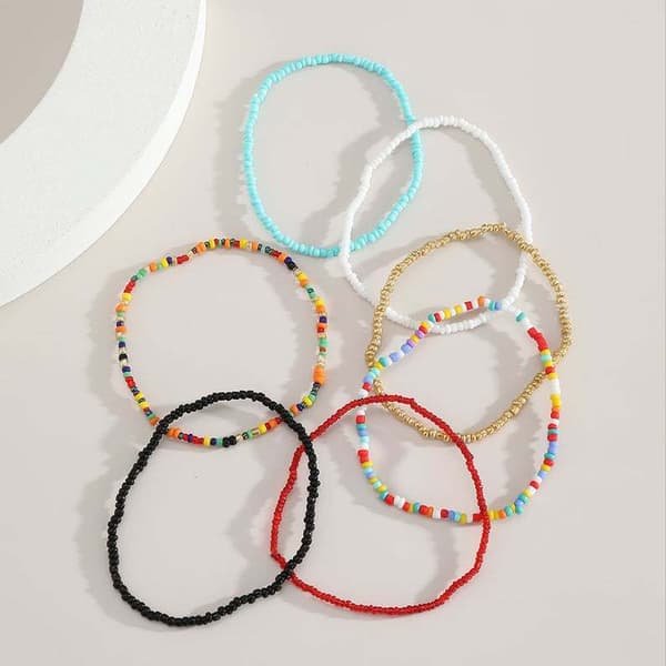 7 stycken elastiska pärlstavsanklar för kvinnor handgjorda strandboho färgglada pärlor ankelarmband set