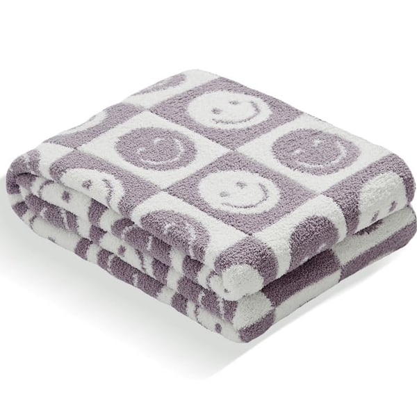 Ultramjuk Mysig Glad Leende Ansikte Rutig Stickad Pläd Filt Fluffig Mikrofiber Schackbrädes Filt Lättviktig Filt på Båda Sidor purple