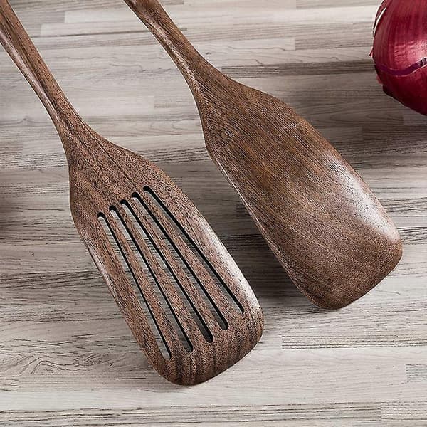 Træspatel og hulske til madlavning, sort valnød langskaftet træ og hulske til non-stick køkkengrej