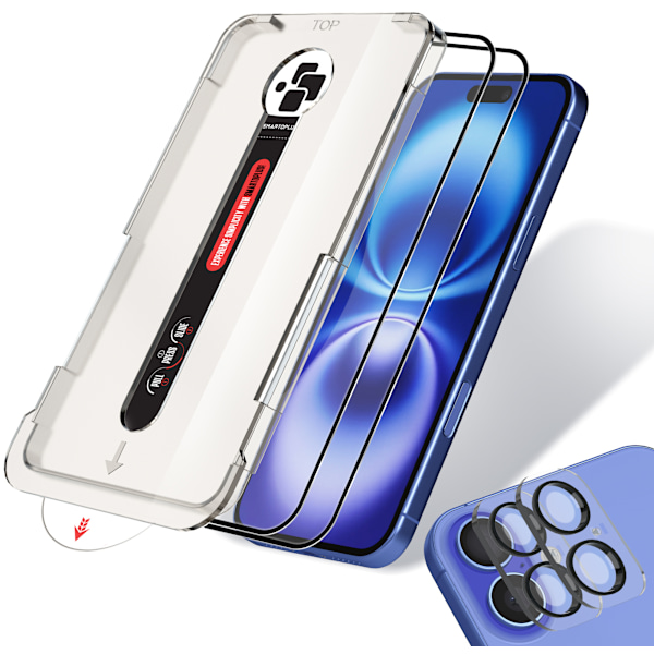2-Pack iPhone 16 Plus Skärmskydd & 2-Pack linsskydd - Härdat Glas | 6,7 tum [Automatisk Installation] - Bubbelfritt och Dammfritt iPhone 16 Plus 16 Pro