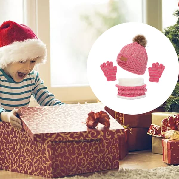 1 sæt børns vinter tredelte hat, halstørklæde, handsker, tredelt efterår og vinter enkelt kugle babyhat Rose red