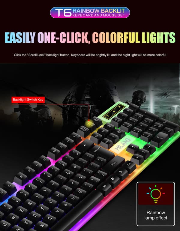 T6 Regnbue Baggrundsbelyst Kablet Sort Tastatur og Mus Sæt, 104-Tasters Kontor- og Gaming Combo