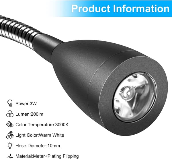 Vegglampe ved sengen, sett med 2 LED-vegglamper, Svanehals Leselys