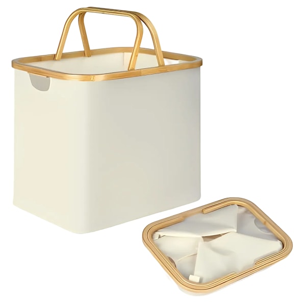 Tvättkorg med Handtag, 60 Liter Tvättkorg för Tvätt med Vikbart Handtag Tvättkorg för Sovrum Bambu Badrumstunna off-white