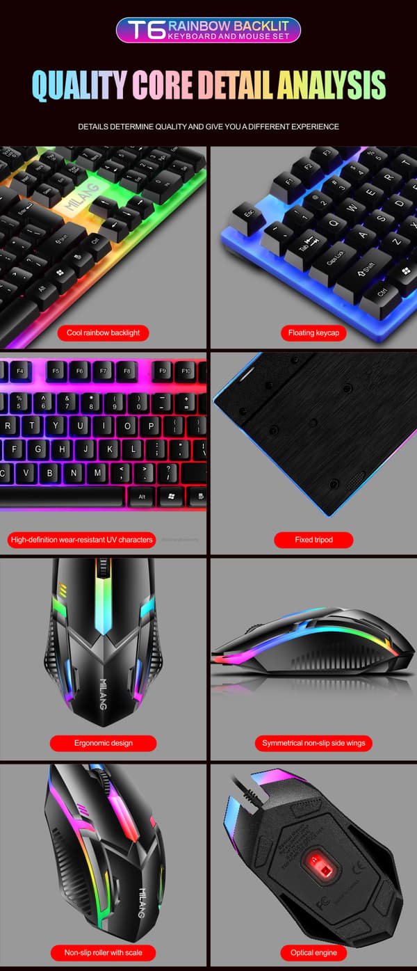 T6 Regnbue Baggrundsbelyst Kablet Sort Tastatur og Mus Sæt, 104-Tasters Kontor- og Gaming Combo