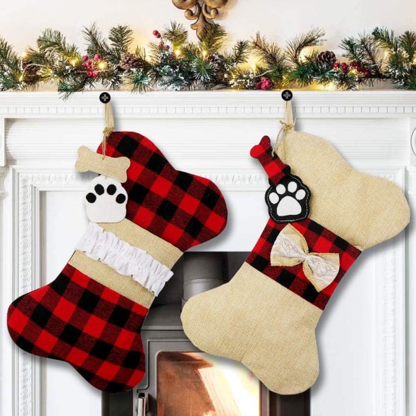 Pet Dog Christmas Stockings Set of 2, Buffalo Plaid Christmas