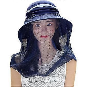 Dame Bucket Hat Bredskyggede Solhat med Myggenet Slør Strand Solhat Elegant Damehat, Navy Blå