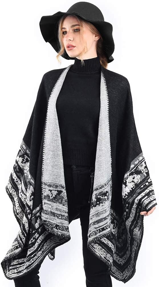 Dam Retro Öppen Sjal Poncho - Rutiga Tryckt Stickad Tröja