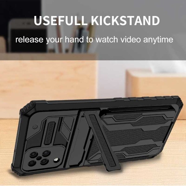 Samsung A12 Stöttåligt Skal Kickstand & Kortfack ThinArmor V3 Svart