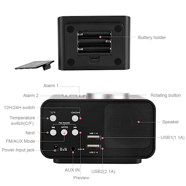 Digital LCD-väckarklocka FM-radio med högtalarfunktion + Dubbel