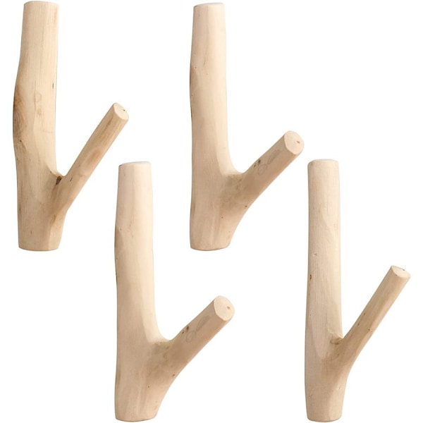 Naturträ Krok, 4-pack Trä Vintage Naturliga Klädkrokar, Handgjorda Trä Klädkrokar, Naturträ Väggkrokar för Nyckelhållare (Uppgradering, Nej