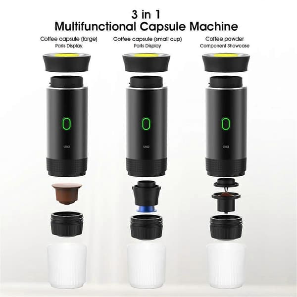 3 i 1 Mini Trådløs Elektrisk Bærbar Espressokaffemaskine til Bil & Hjem Camping Rejse Kapsel Kaffemaskine Sort