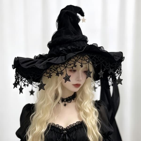 Halloween häxhatt med bred brätte spets, lämplig för semesterfester, kostymfester, maskeradfester, rollspel, etc. svart black