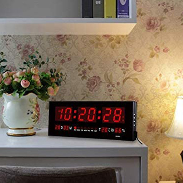Stor digital LED-väckarklocka med kalender, datum och temperatur