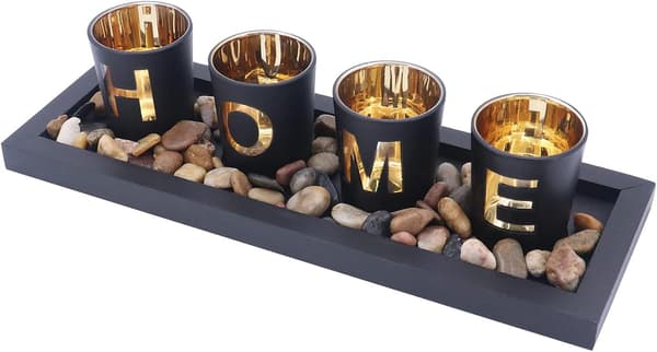 Ljusstake Set, Inkluderar 4 Glaskoppar, Naturstenar och Trä