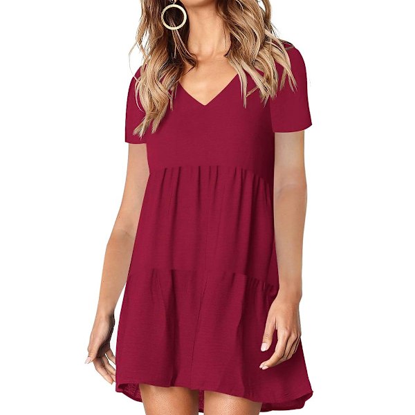 Sommarklänning för kvinnor, tunika, V-ringad, ledig, lös, böljande swingklänning A-burgundy XX-Large