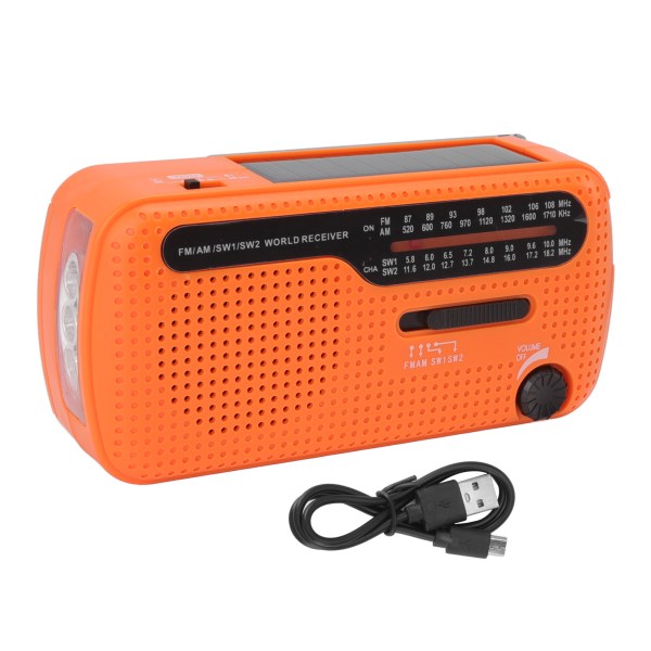 Handvevradio AM FM SW1 SW2 Solar nödväderradio med LED-ficklampa för utomhuscamping Orange