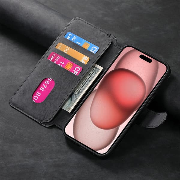 Magnetisk avtakbart flip-telefondeksel med RFID-beskyttelse, multifunksjonell kortholder og stativ; kompatibel med iPhone 14 Pro Max black
